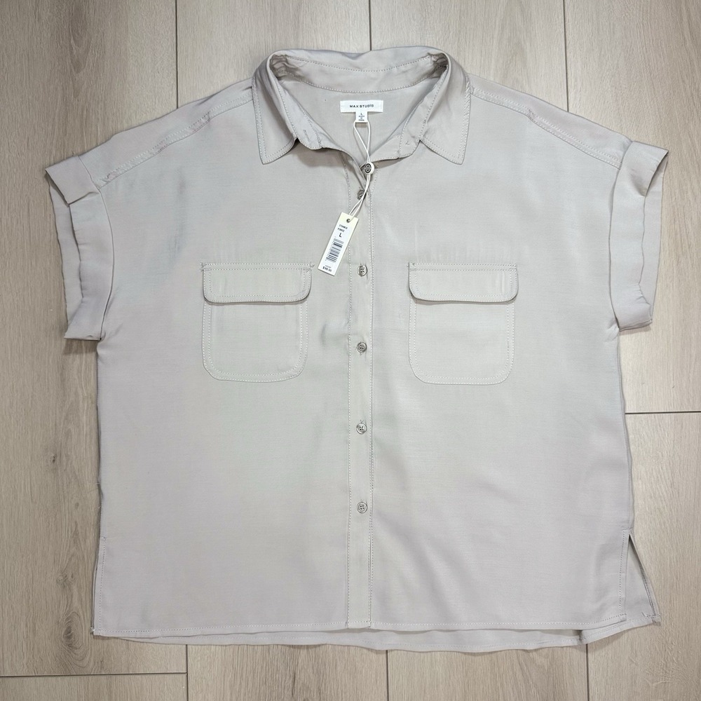 Max Studio Womens L Beige Utility Button Front Blouse Short Sleeve Pockets Rayon